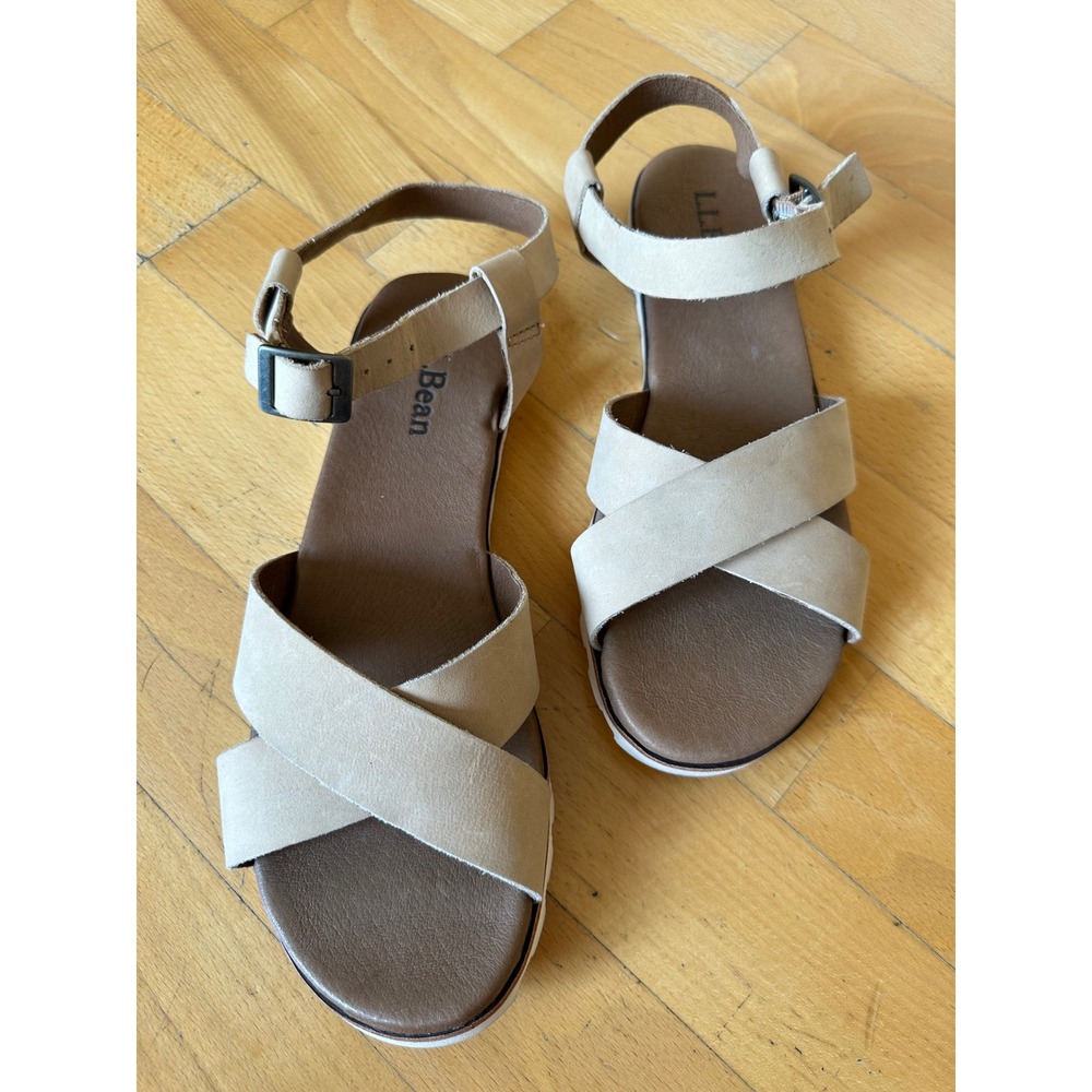 LL Bean Womens 10 Tan Leather Crisscross Ankle Strap Flat Sandals